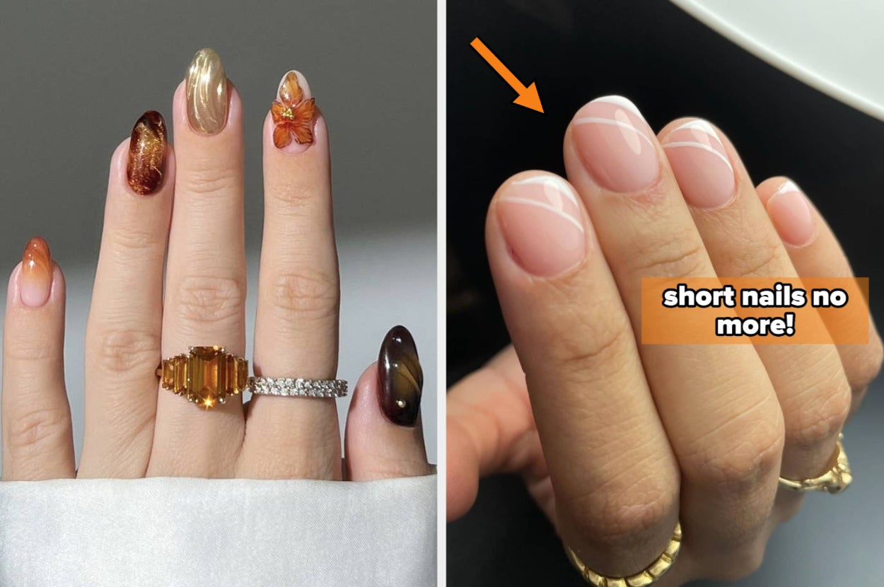 Two images of manicured nails: one hand with long, multicolored designs and rings; another with short, nude nails featuring fine white lines