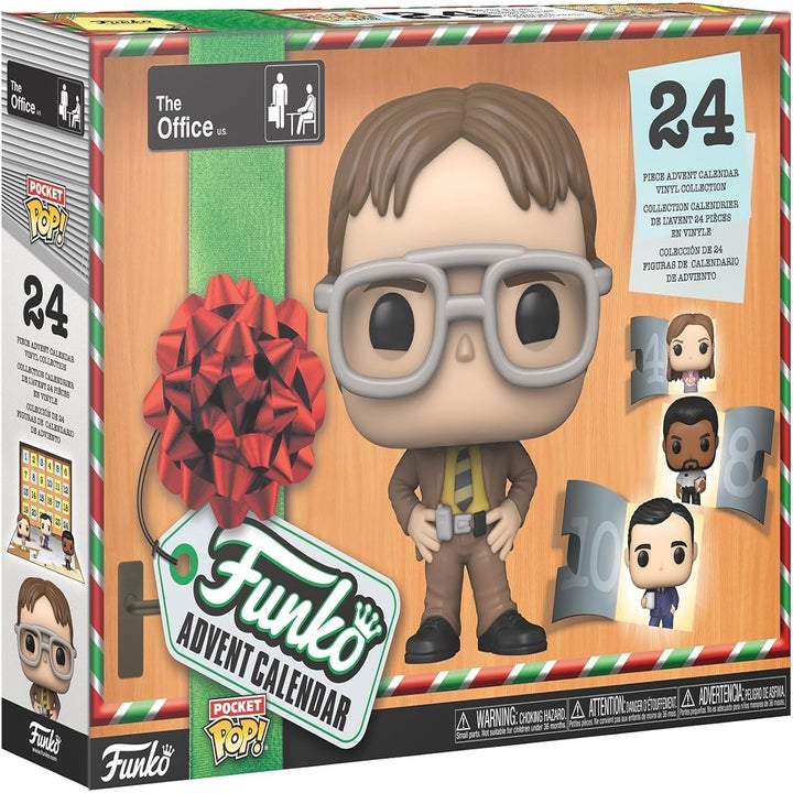 Funko Pop Advent Calendar featuring characters from The Office TV series. Includes figures of Jim, Dwight, and Michael. 24 collectible pieces