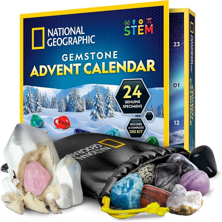 National Geographic Gemstone Advent Calendar with 24 gemstone specimens and dig kit. Snowy mountain scene on the box. Perfect for STEM gifts