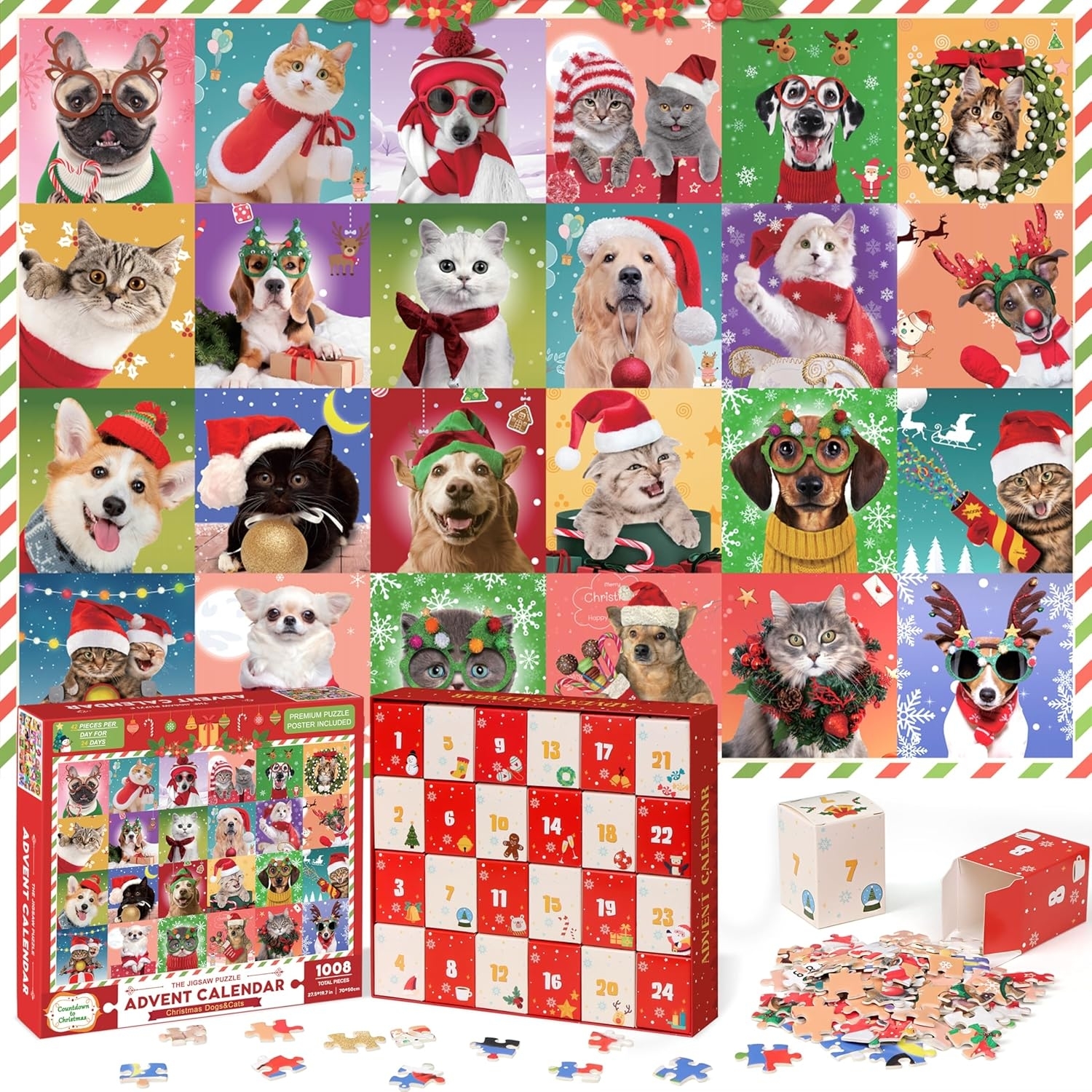 Advent calendar with images of cats and dogs in festive outfits, shown on puzzle pieces