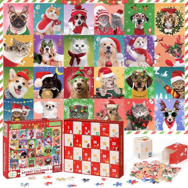 Advent calendar with images of cats and dogs in festive outfits, shown on puzzle pieces