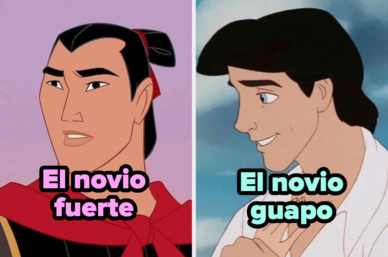 Shang de Mulan a la izquierda y Eric de La Sirenita a la derecha; texto: "El novio fuerte", "El novio guapo"