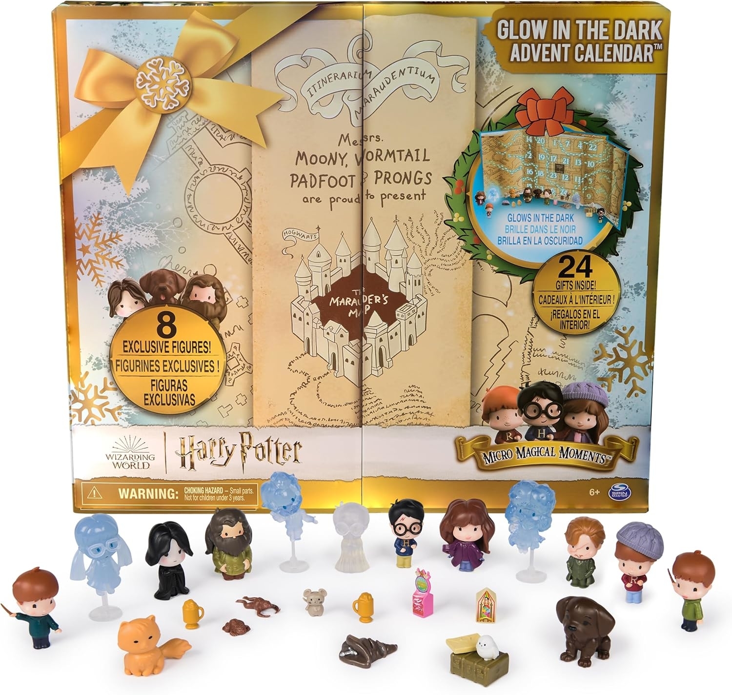 Harry Potter advent calendar with 24 mini-figures, including Harry Potter, Hermione Granger, and Ron Weasley. Features Marauder's Map-inspired design