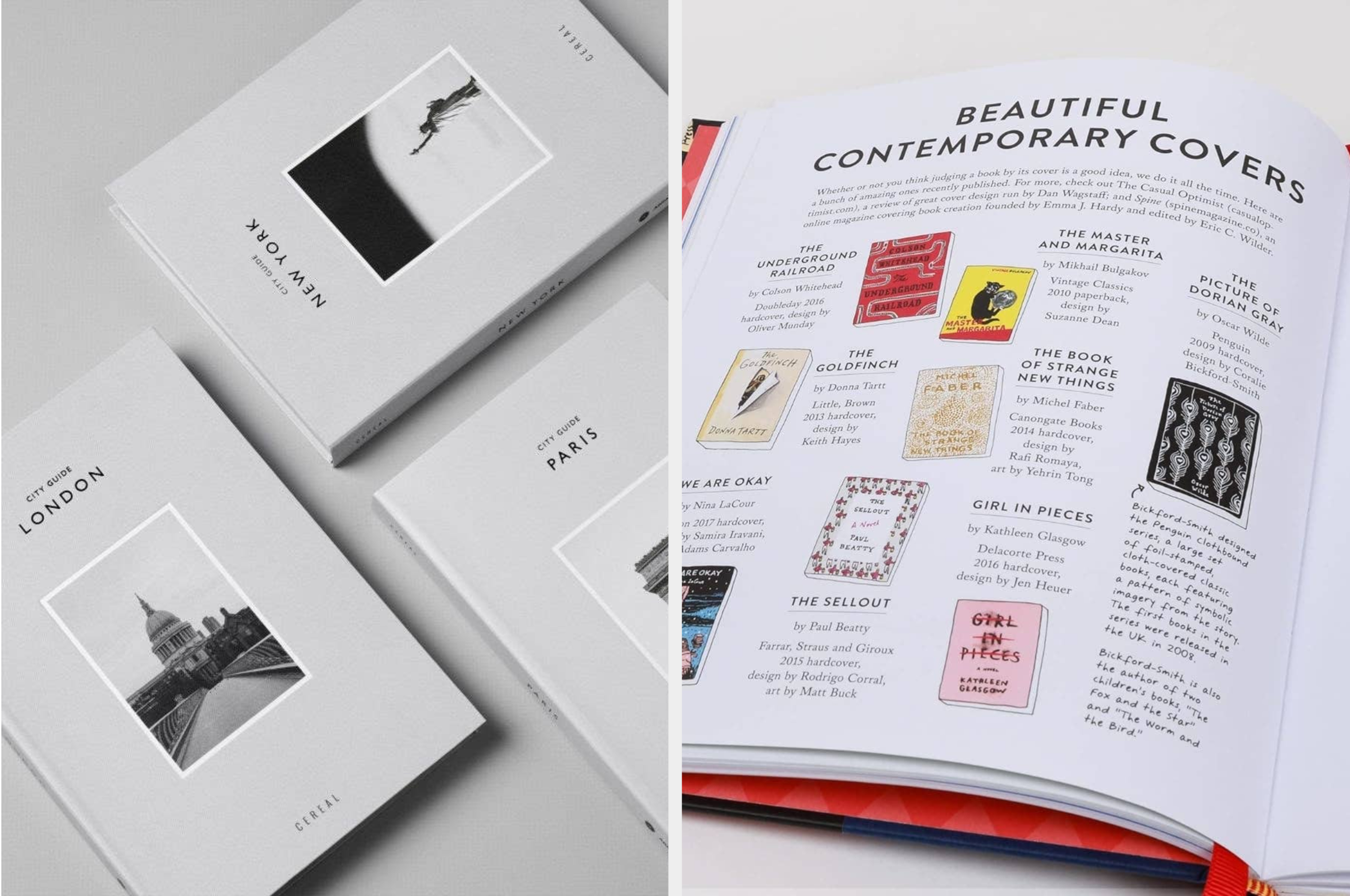 Books featuring city themes London and Paris on the left. Right page showcases beautiful contemporary book covers