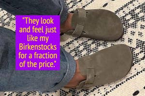 Close-up of a person's feet wearing a pair of suede slip-on clogs. Text on the image reads, "They look and feel just like my Birkenstocks for a fraction of the price."