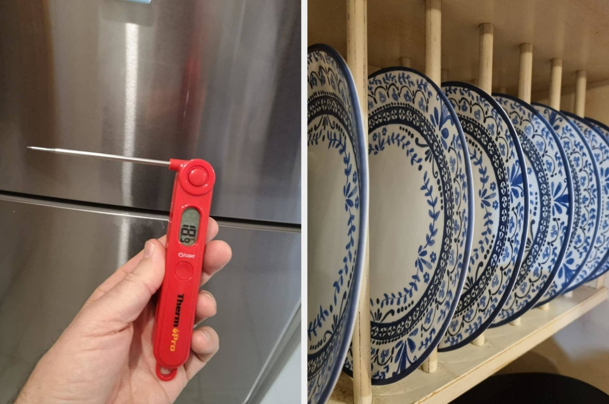 Digital thermometer at 10°C in front of a fridge; next to a rack with blue-patterned plates