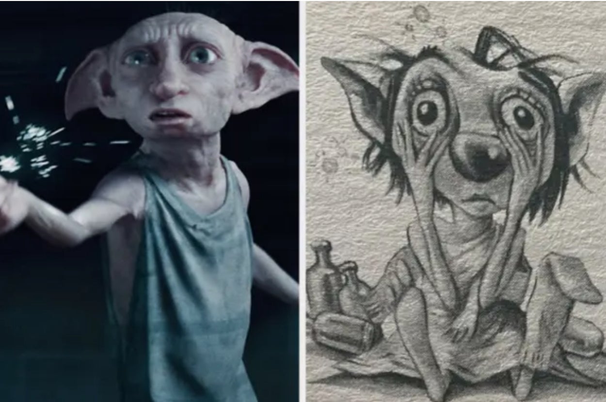 Dobby the house elf in the Harry Potter films alongside an illustration of Winky the house elf in the books