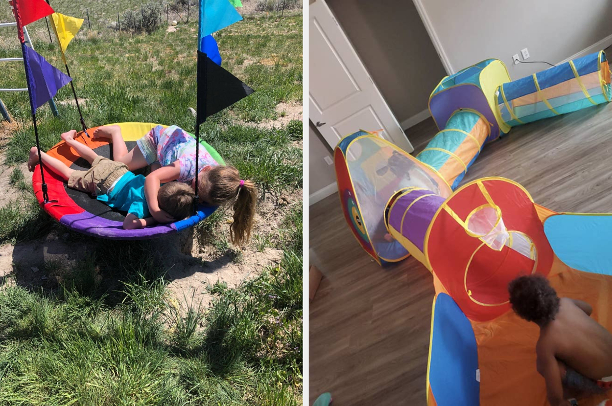 Children playing outside on a colorful swing and indoors with a multi-colored play tunnel