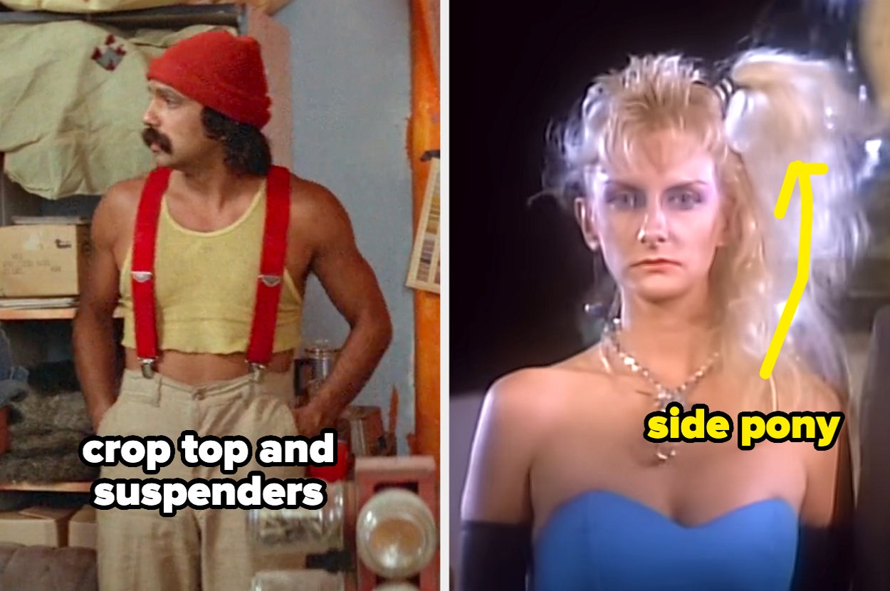 Man with suspenders and crop top; woman with side ponytail
