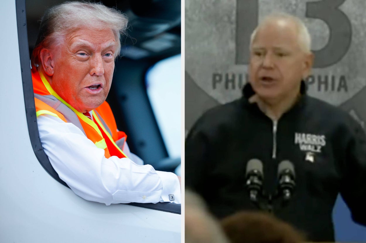 A man in a reflective vest leans out of a vehicle window; another man speaks at a podium with microphones in front of him