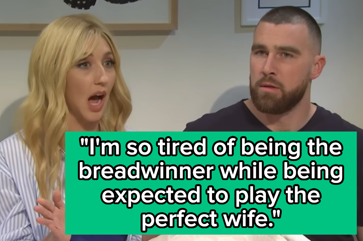 A woman expresses frustration about gender roles while a man listens. Text: "I'm so tired of being the breadwinner while being expected to play the perfect wife."