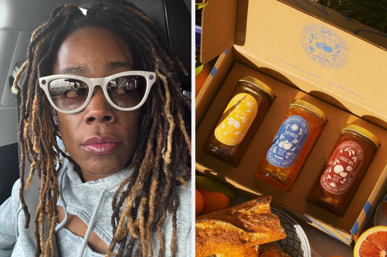 A woman wearing sunglasses poses in a car. Next to her, an open box displays three jars of honey with decorative labels