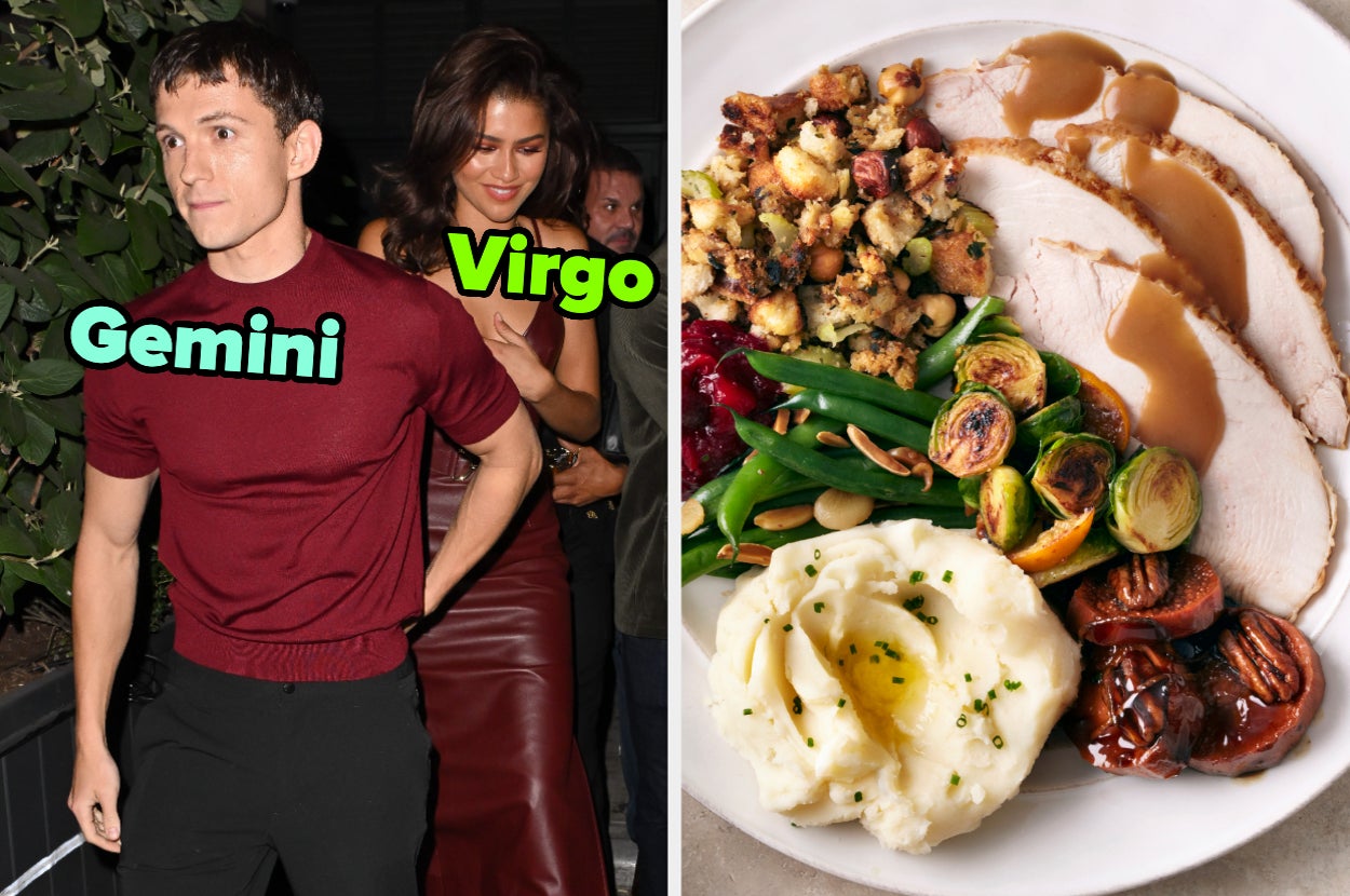 On the left, Tom Holland and Zendaya walking together with Gemini typed under Tom's face and Virgo typed under Zendaya's, and on the right, a plate with turkey and gravy, stuffings, veggies, cranberry sauce, and mashed potatoes