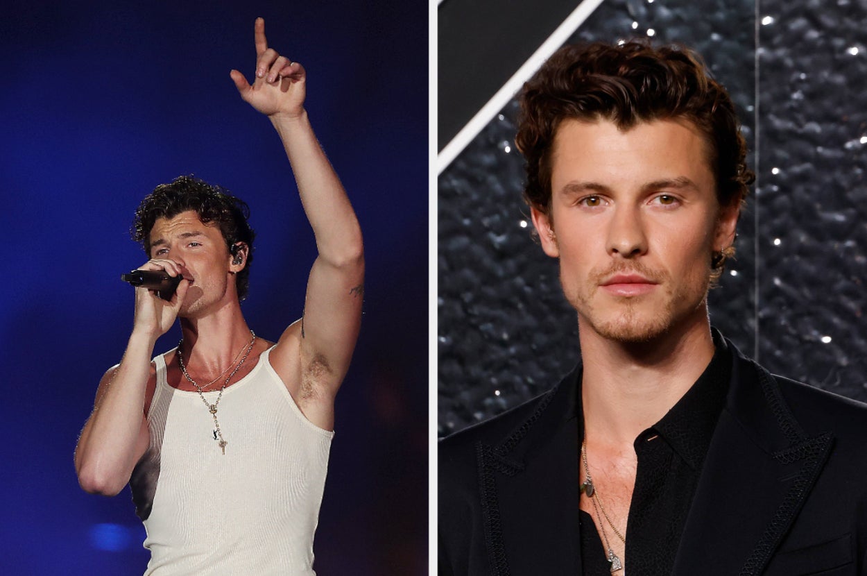 A singer performs in a sleeveless top onstage, pointing upward. He is also pictured in formal attire at a separate event