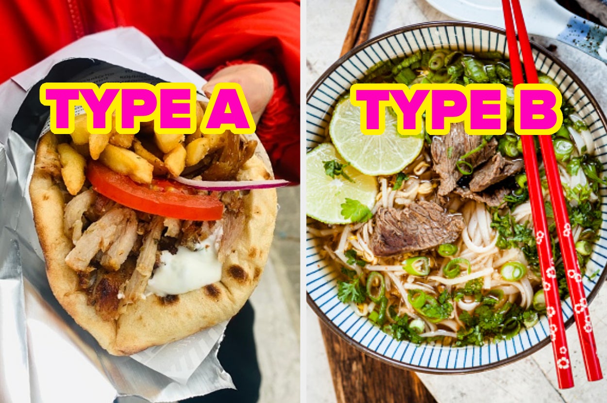 Food comparison: Type A is a gyro with fries and Type B is a bowl of pho with noodles and lime