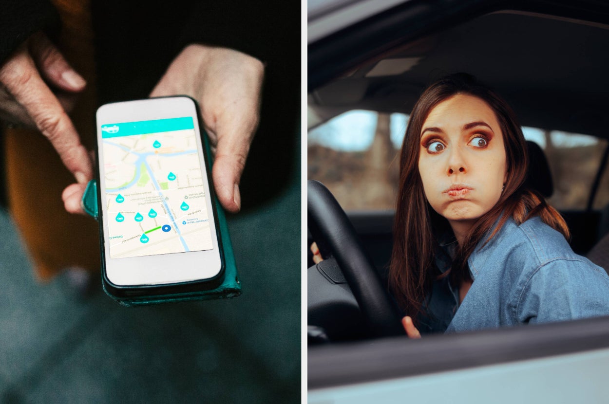 A person holding a phone showing a water map app, next to a surprised woman in a car