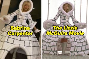 Sabrina Carpenter in a white brick-pattern dress next to a similar scene from The Lizzie McGuire Movie