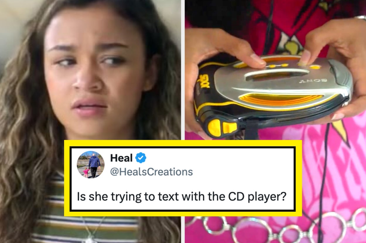 A worried woman next to hands pressing buttons on a portable CD player. Text: "Is she trying to text with the CD player?" from @HealsCreations