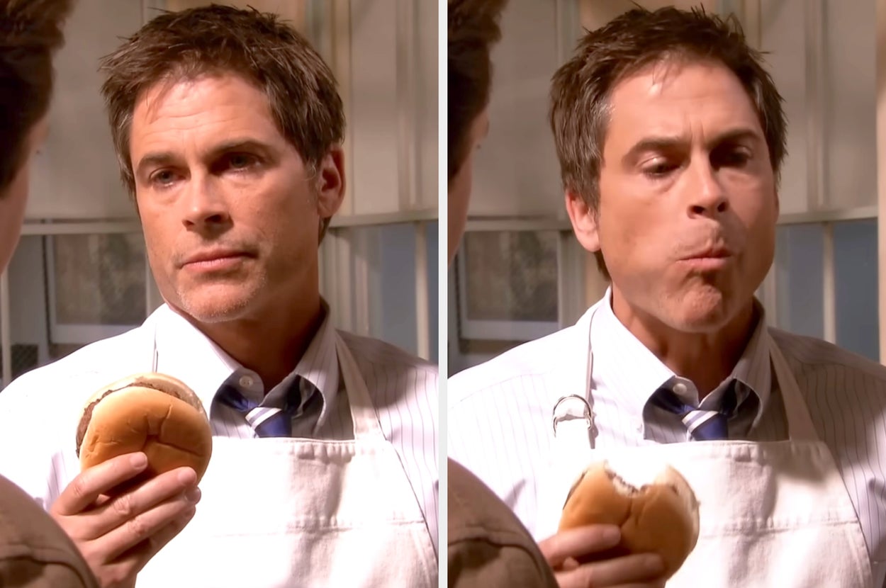 Rob Lowe eating a burger in a scene from Parks and Rec