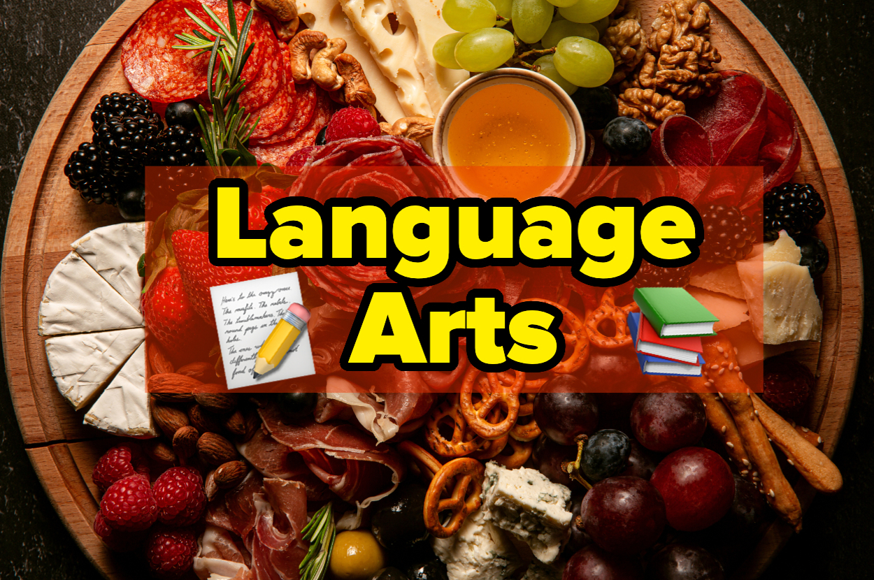 A charcuterie board with assorted meats, cheeses, fruits, nuts, and pretzels. Text overlay reads "Language Arts" with icons of a pencil and books