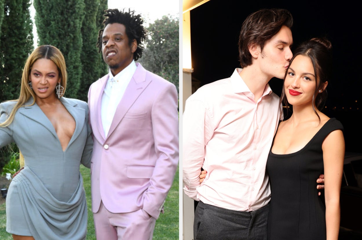 On the left, Beyoncé and Jay-Z, and on the right, Louis Partridge and Olivia Rodrigo