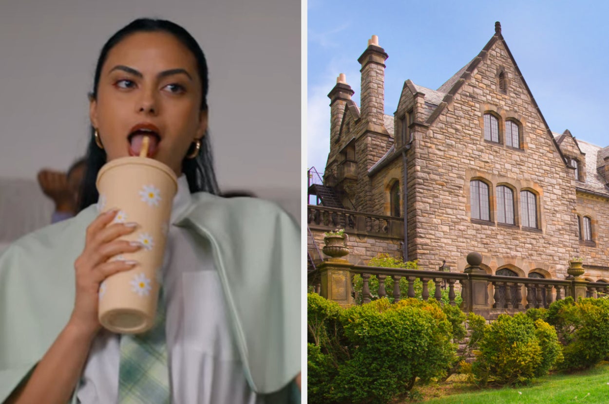 On the left, Camila Mendes sipping from a straw as Drea in Do Revenge, and on the right, a vintage stone mansion