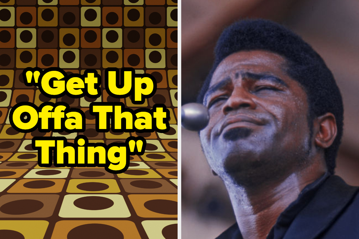 James Brown performing passionately on stage beside the text "Get Up Offa That Thing" with a retro design background