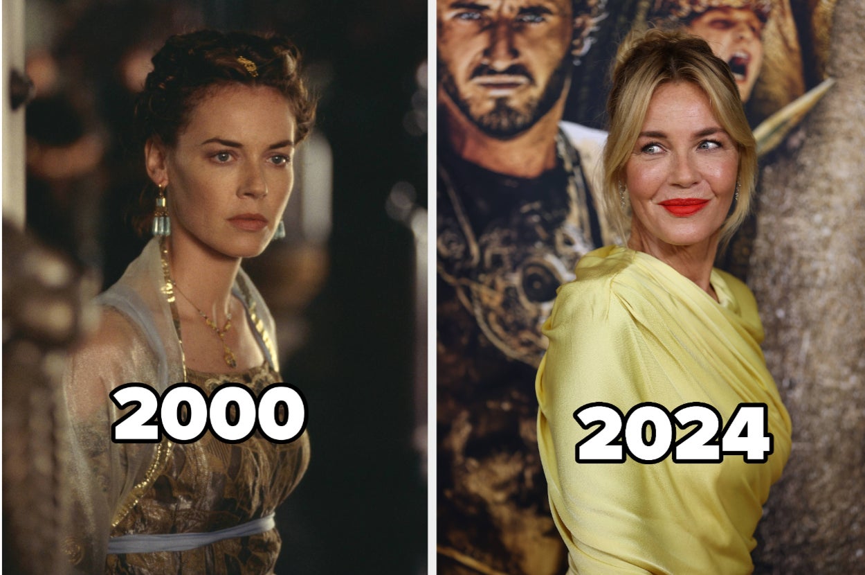 I don't know who these people are. One woman is in historical attire, and another is in a modern, elegant gown at a movie premiere. The years 2000 and 2024 are labeled