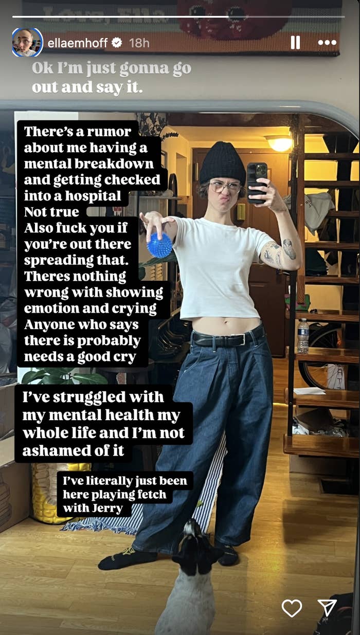 Person in casual clothing poses in a mirror selfie with a dog nearby. Text discusses mental health rumors and self-acceptance
