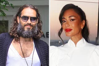 Two celebrities posing: Left wears a casual shirt and cardigan with sunglasses; right wears an elegant, high-collared dress with bright lipstick
