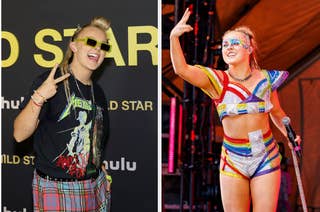 Two images of a celebrity at events: left shows casual band tee and plaid pants; right shows a colorful stage costume with glittery details
