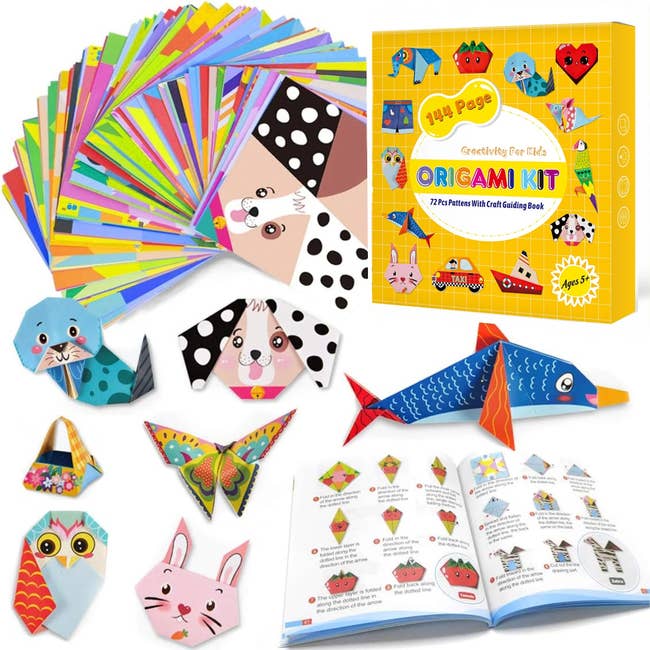 Origami kit for kids with colorful paper, carnal  designs, and an acquisition   book. Suitable for ages 5 and up, featuring 72+ originative  projects