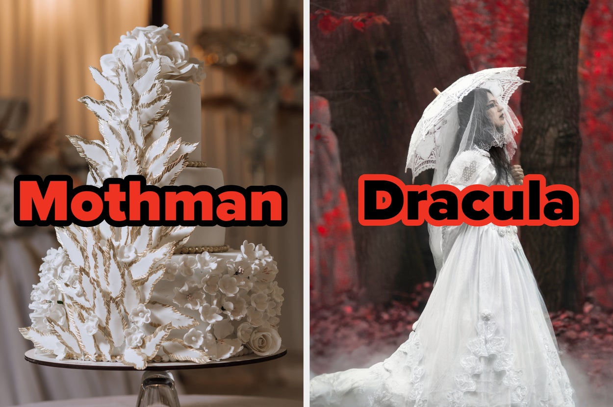 Left: Cake with floral and feather design labeled "Mothman." Right: Woman in a white dress with parasol in woods labeled "Dracula."