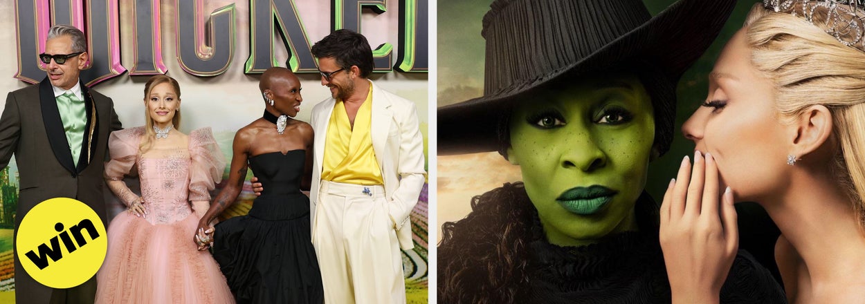 Four actors pose on the red carpet in elegant attire; a promotional image features two characters from a production related to "Wicked."