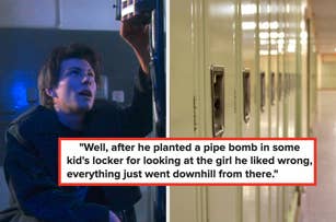 A worried person looks up near lockers; text mentions a pipe bomb planted in a locker leading to further troubles