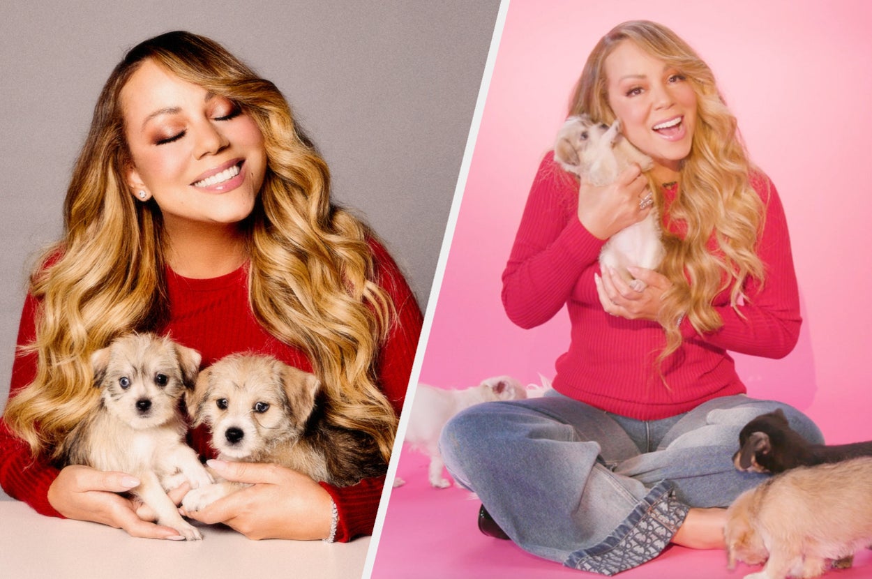 Person smiling, holding puppies, wearing a cozy, casual outfit seated on floor. Background has a playful, relaxed vibe