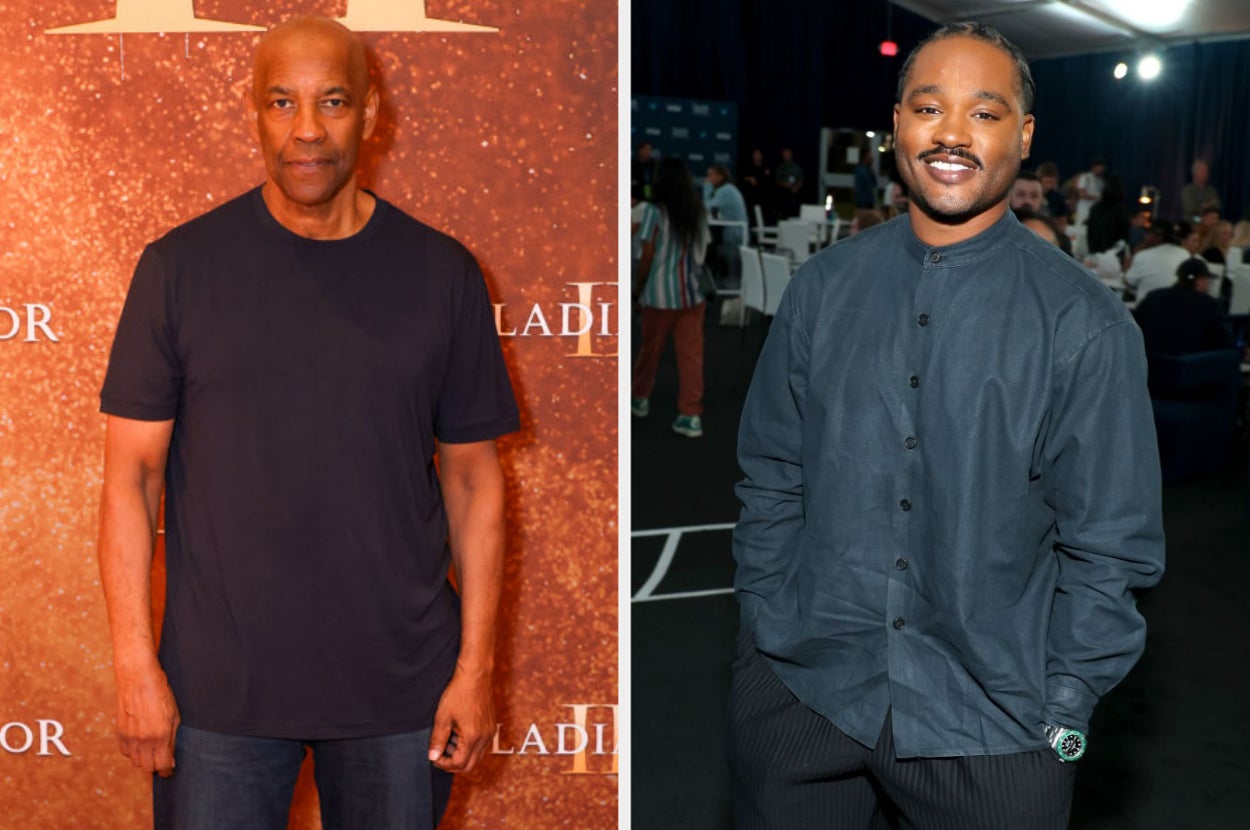 Two men on a red carpet; one in a casual tee, the other in a formal shirt. 