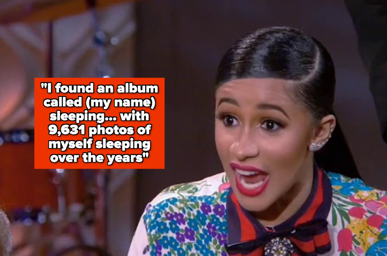 A person speaking with an animated expression. Text reads: "I found an album called (my name) sleeping... with 9,631 photos of myself sleeping over the years."