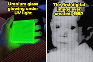 On the left, a glowing uranium glass under UV light; on the right, the first digital image from 1957, showing a pixelated baby