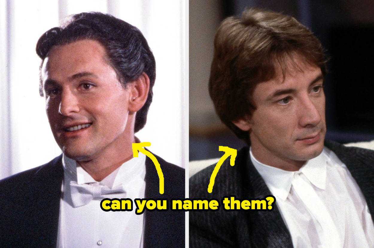 Two men in formal attire, one in a tuxedo with bow tie. Text asks, "can you name them?"