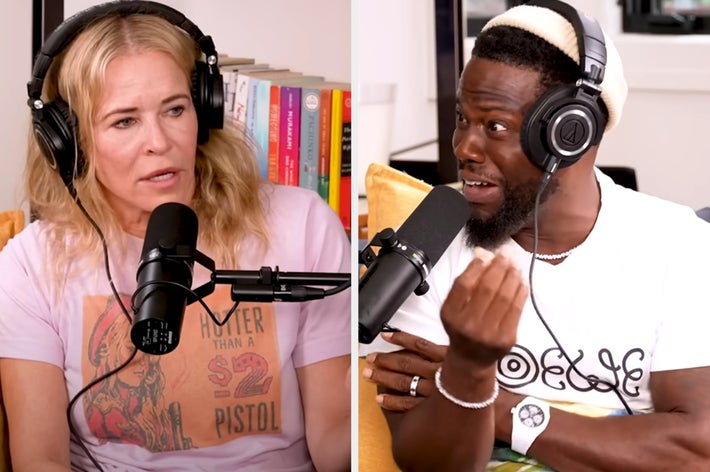 Two people wearing headphones talking into microphones during a podcast. Books are visible in the background