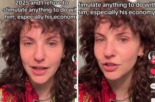 Two side-by-side images of a person with curly hair, wearing a patterned shirt. Text expresses reluctance to engage with someone's economy in 2025
