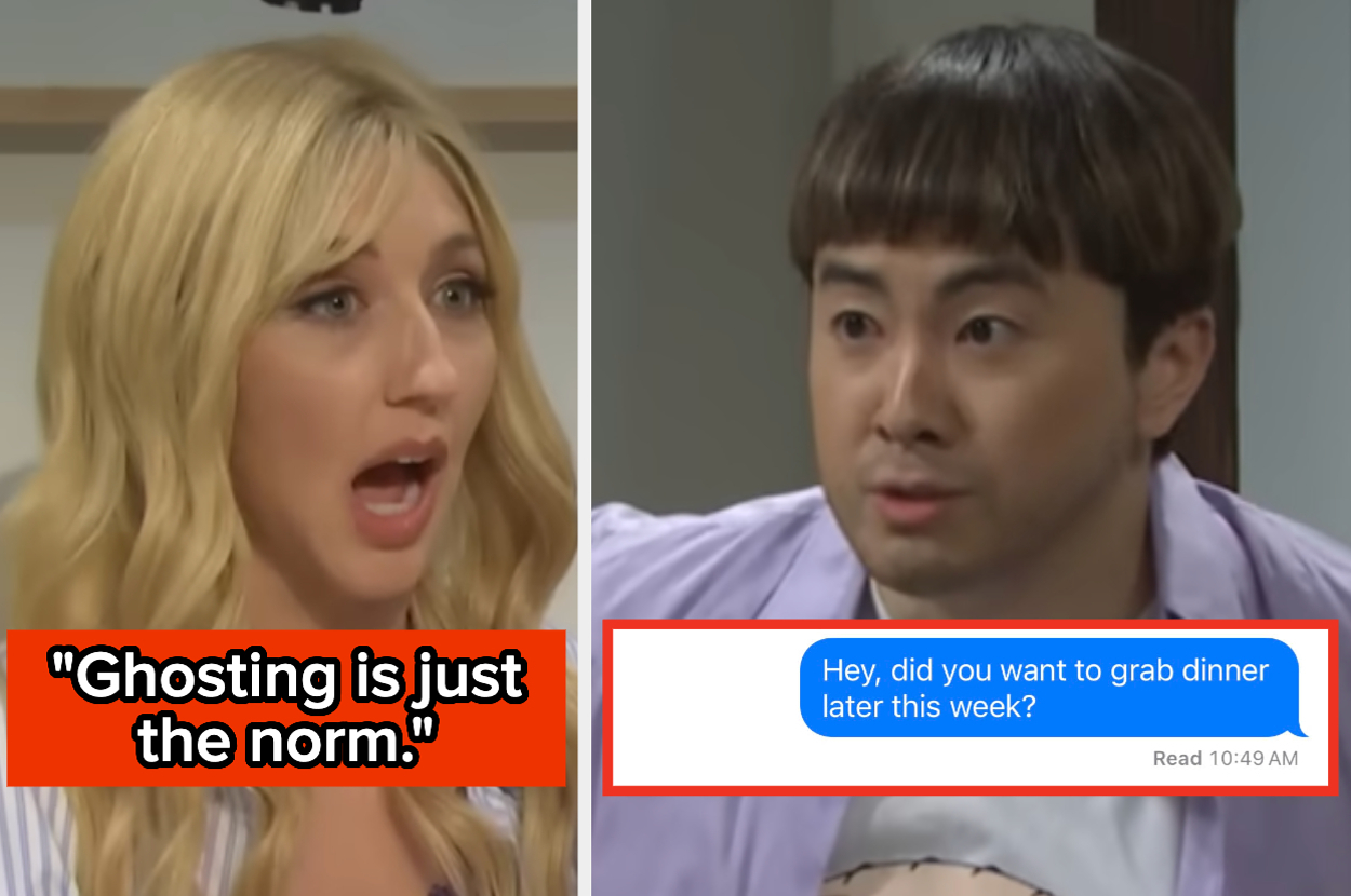 Split image: Left shows a woman saying, "Ghosting is just the norm." Right shows a man receiving a text, "Hey, did you want to grab dinner later this week?"