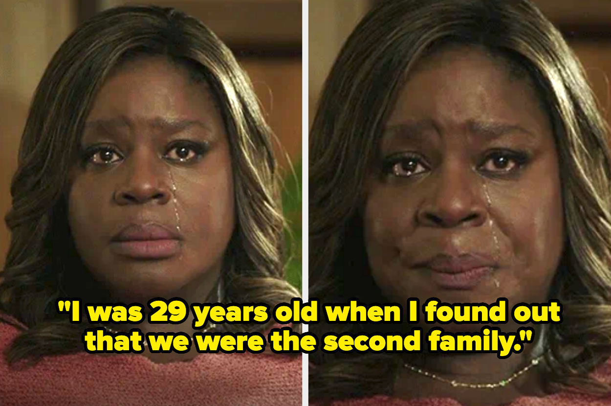 A woman appears emotional with tears in her eyes. Text overlay reads: "I was 29 years old when I found out that we were the second family."