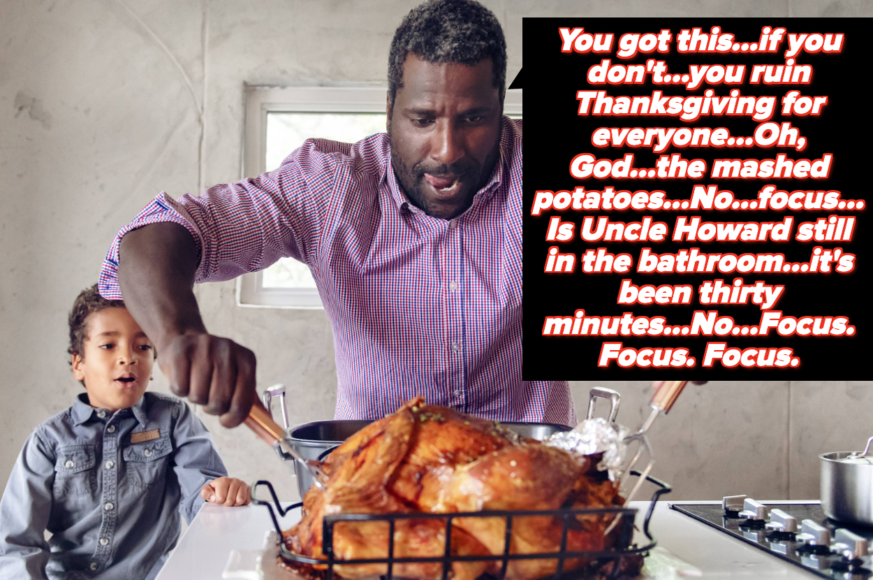 A dad prepares a turkey while a child watches, text humorously narrates his internal monologue about Thanksgiving pressure