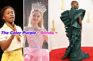 Three different images: person performing in "The Color Purple," another dressed as Glinda in a pink gown, and person in a ruffled gown on the red carpet