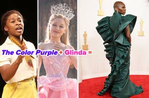 Three different images: person performing in "The Color Purple," another dressed as Glinda in a pink gown, and person in a ruffled gown on the red carpet