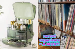 Organizers showcasing categorized storage with skincare items and books; emphasized for home organization shopping