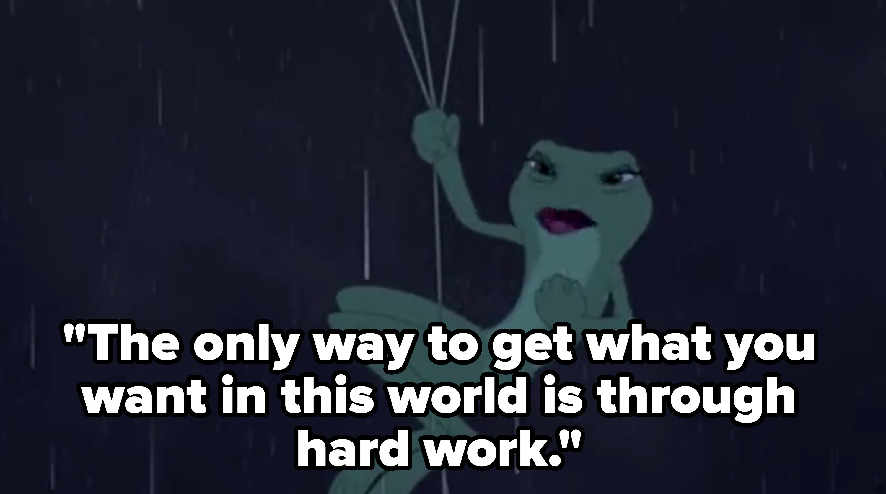 Animated frog holding ropes in the rain, with an expressive face. Scene from an animated film