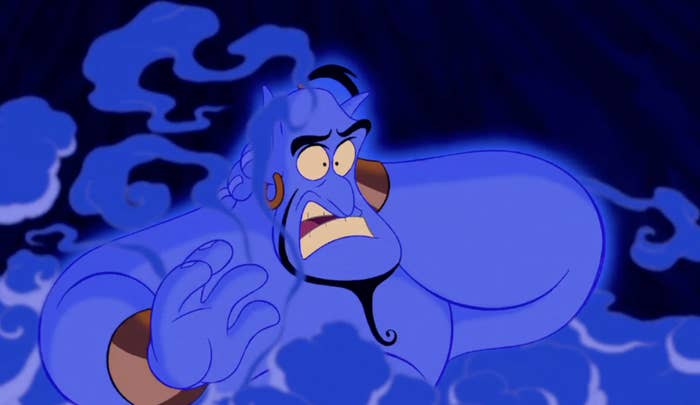 Aladdin's Genie with an expressive face and smoke swirling around him, appearing in a magical scene